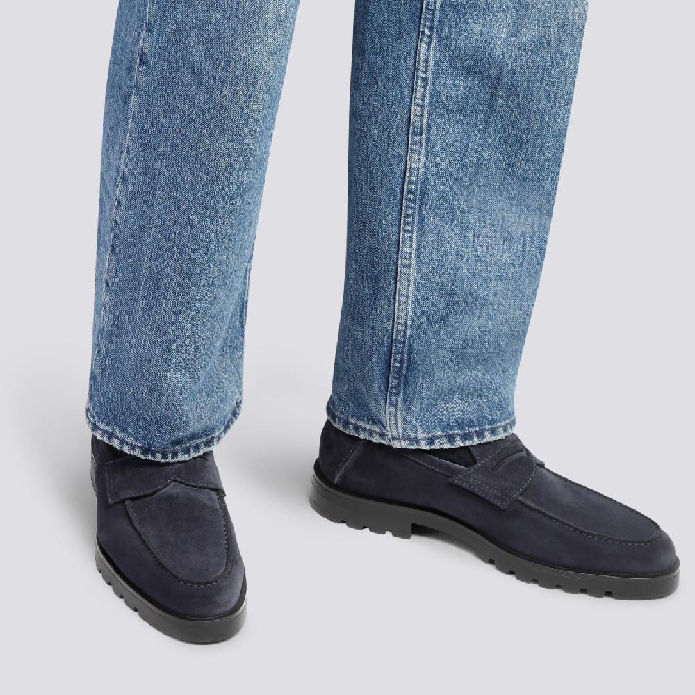 Santoni Mocassino penny da uomo in suede blu Offerta