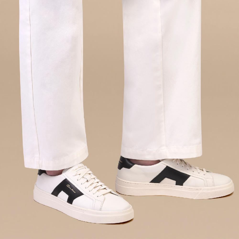Santoni Double buckle sneaker da uomo in pelle bianca e nera In Vendita