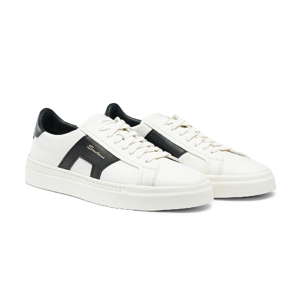Santoni Double buckle sneaker da uomo in pelle bianca e nera In Vendita