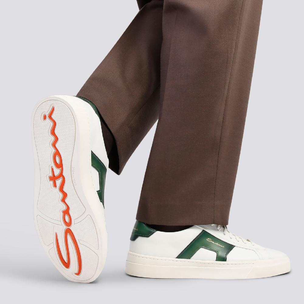 Santoni Double buckle sneaker da uomo in pelle bianca e verde Vendita Calda