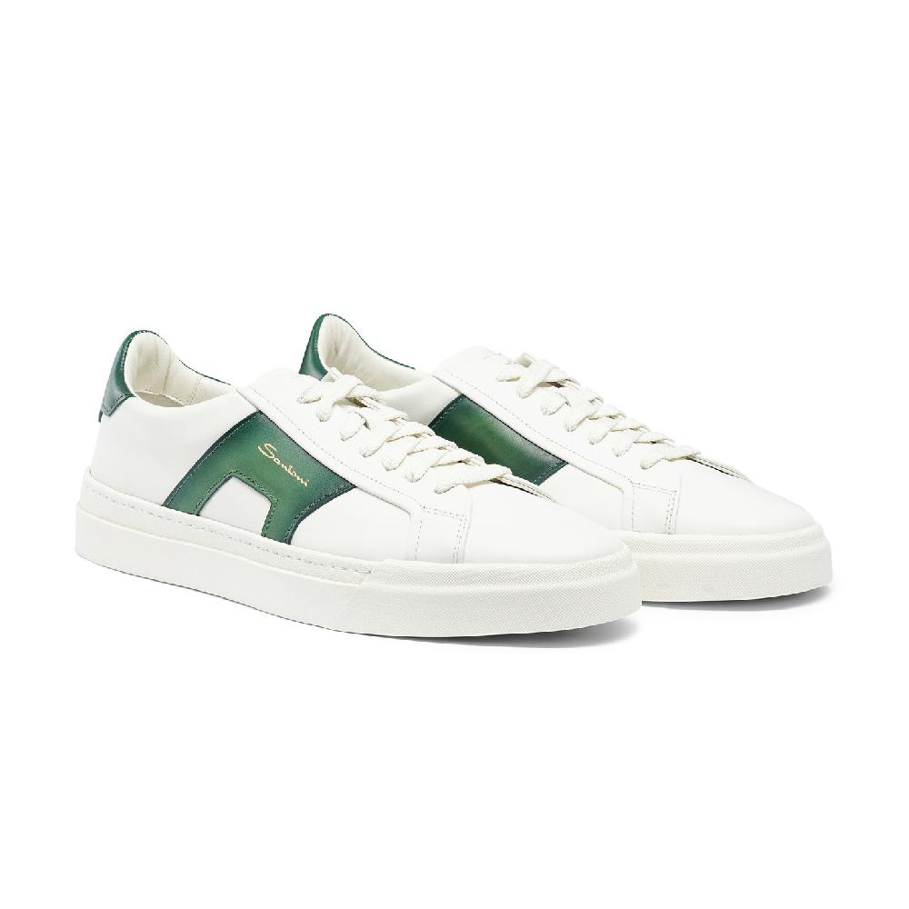 Santoni Double buckle sneaker da uomo in pelle bianca e verde Vendita Calda