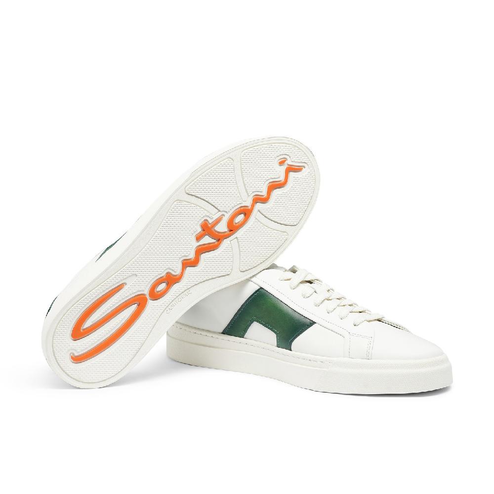 Santoni Double buckle sneaker da uomo in pelle bianca e verde Vendita Calda