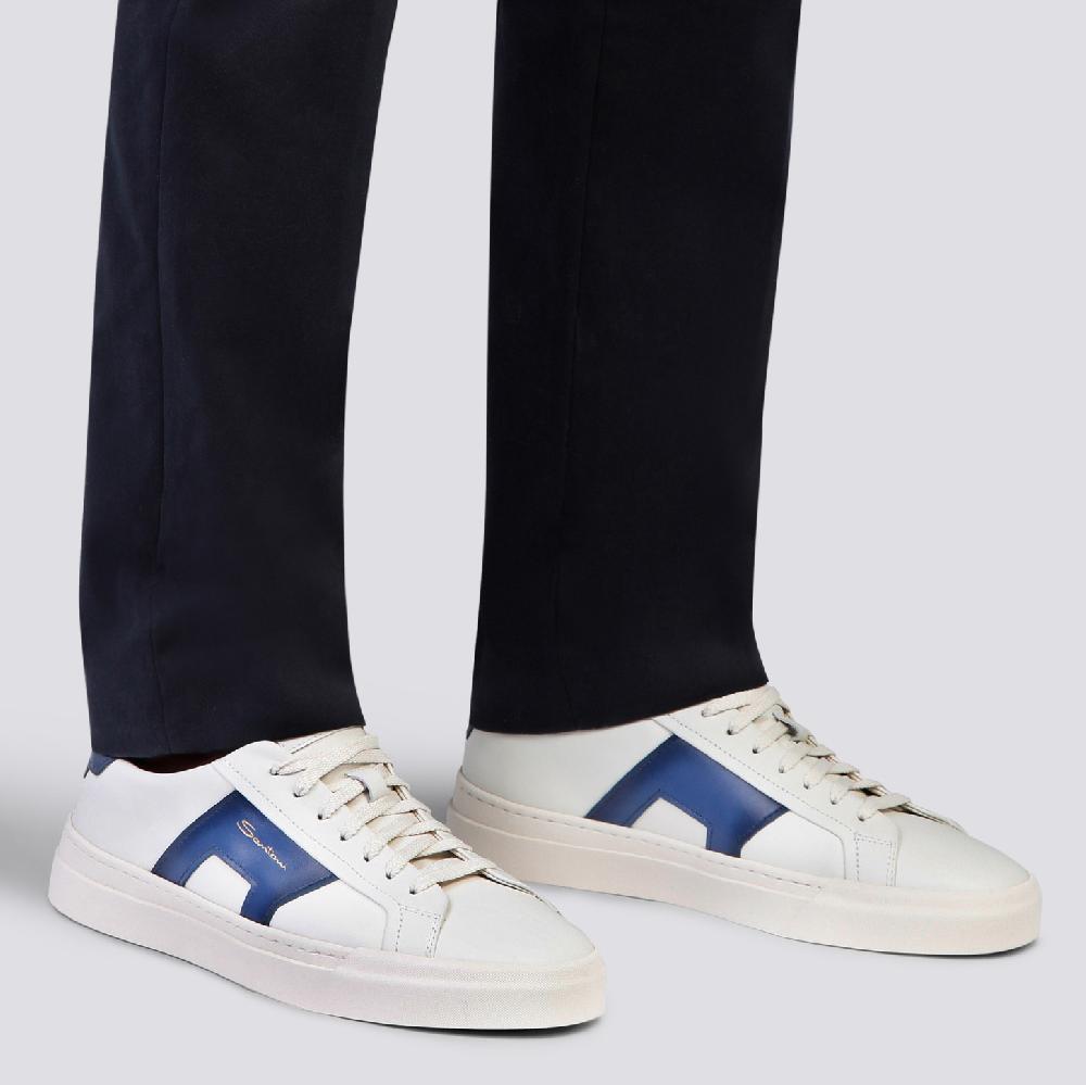 Santoni Double buckle sneaker da uomo in pelle bianca e blu Vendita Economica