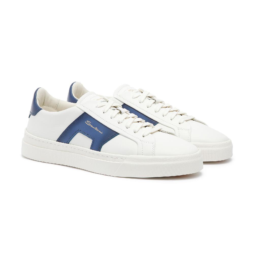 Santoni Double buckle sneaker da uomo in pelle bianca e blu Vendita Economica