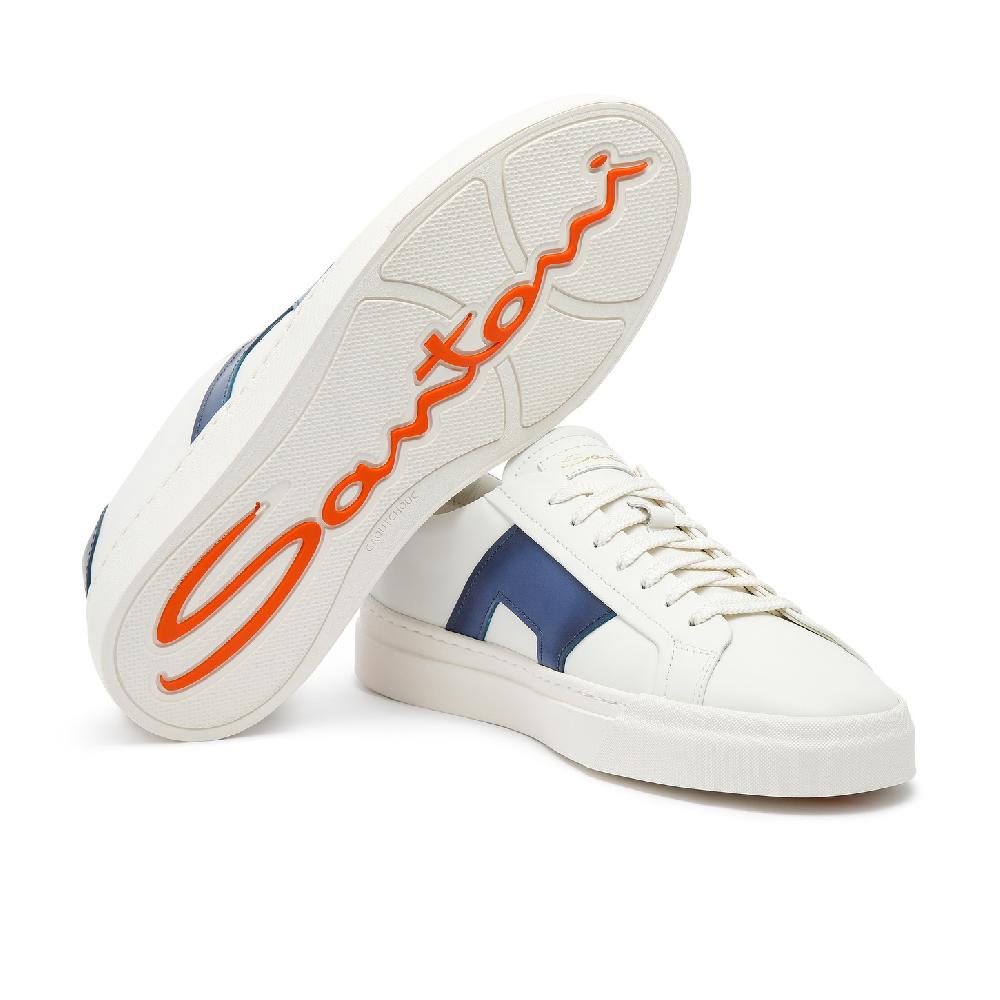 Santoni Double buckle sneaker da uomo in pelle bianca e blu Vendita Economica