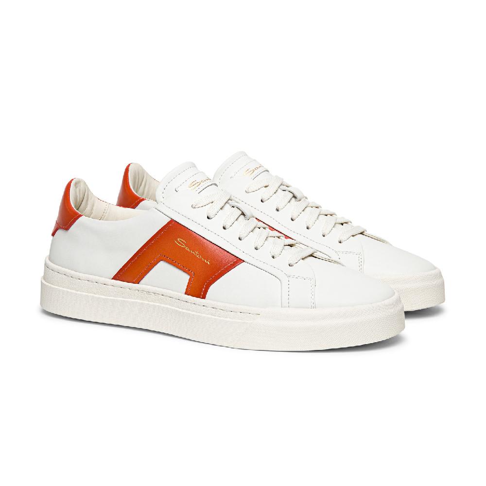 Santoni Double buckle sneaker da uomo in pelle bianca e arancione Saldi Di Fabbrica