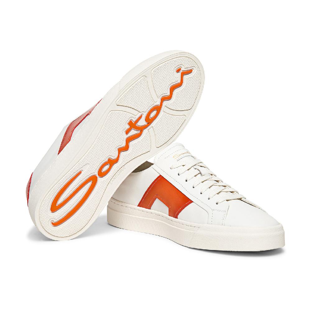 Santoni Double buckle sneaker da uomo in pelle bianca e arancione Saldi Di Fabbrica