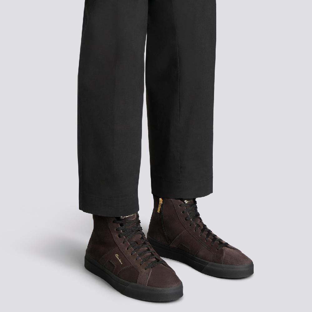 Santoni Double buckle sneaker alta con pelliccia da uomo in suede grigio Acquista Ora