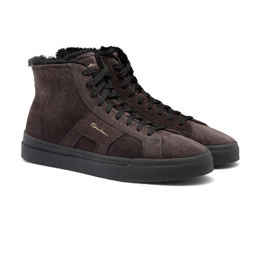 Santoni Double buckle sneaker alta con pelliccia da uomo in suede grigio Acquista Ora