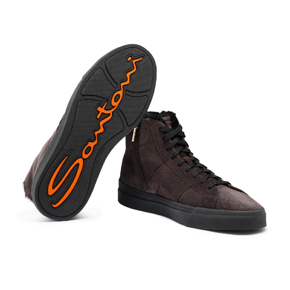 Santoni Double buckle sneaker alta con pelliccia da uomo in suede grigio Acquista Ora