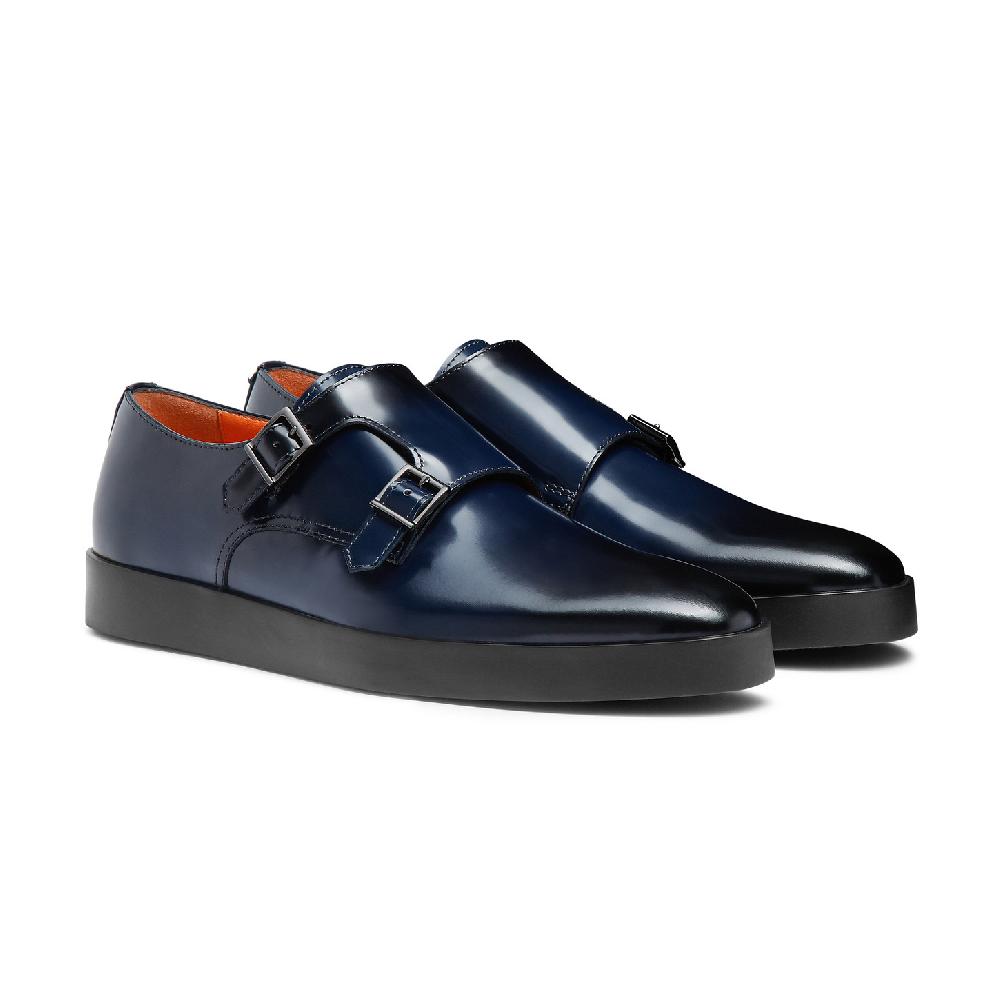 Santoni Doppia fibbia da uomo in pelle lucida blu Convenienza