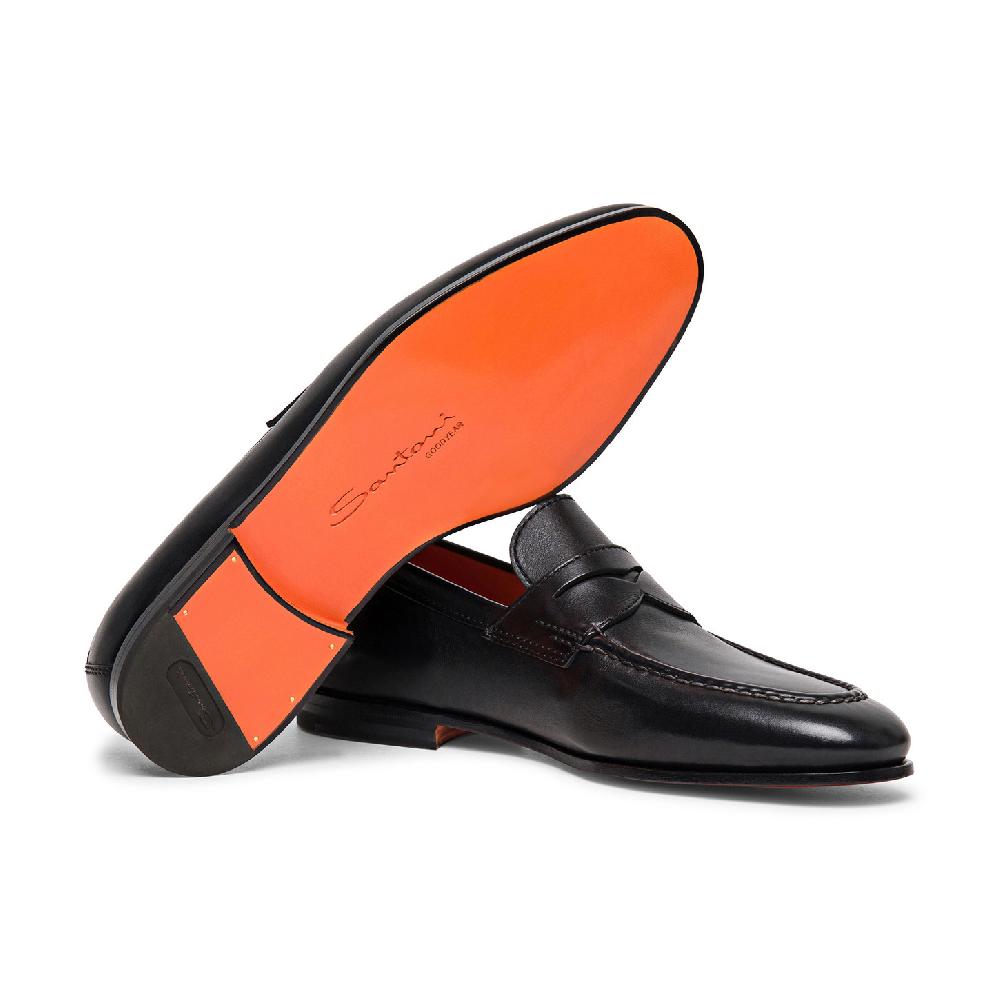 Santoni Mocassino penny da uomo in pelle nera Saldi