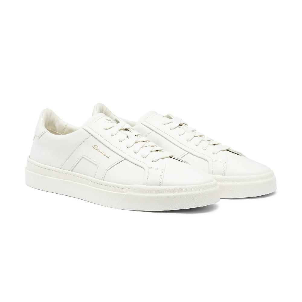 Santoni Double buckle sneaker da uomo in pelle bianca Vendita Calda