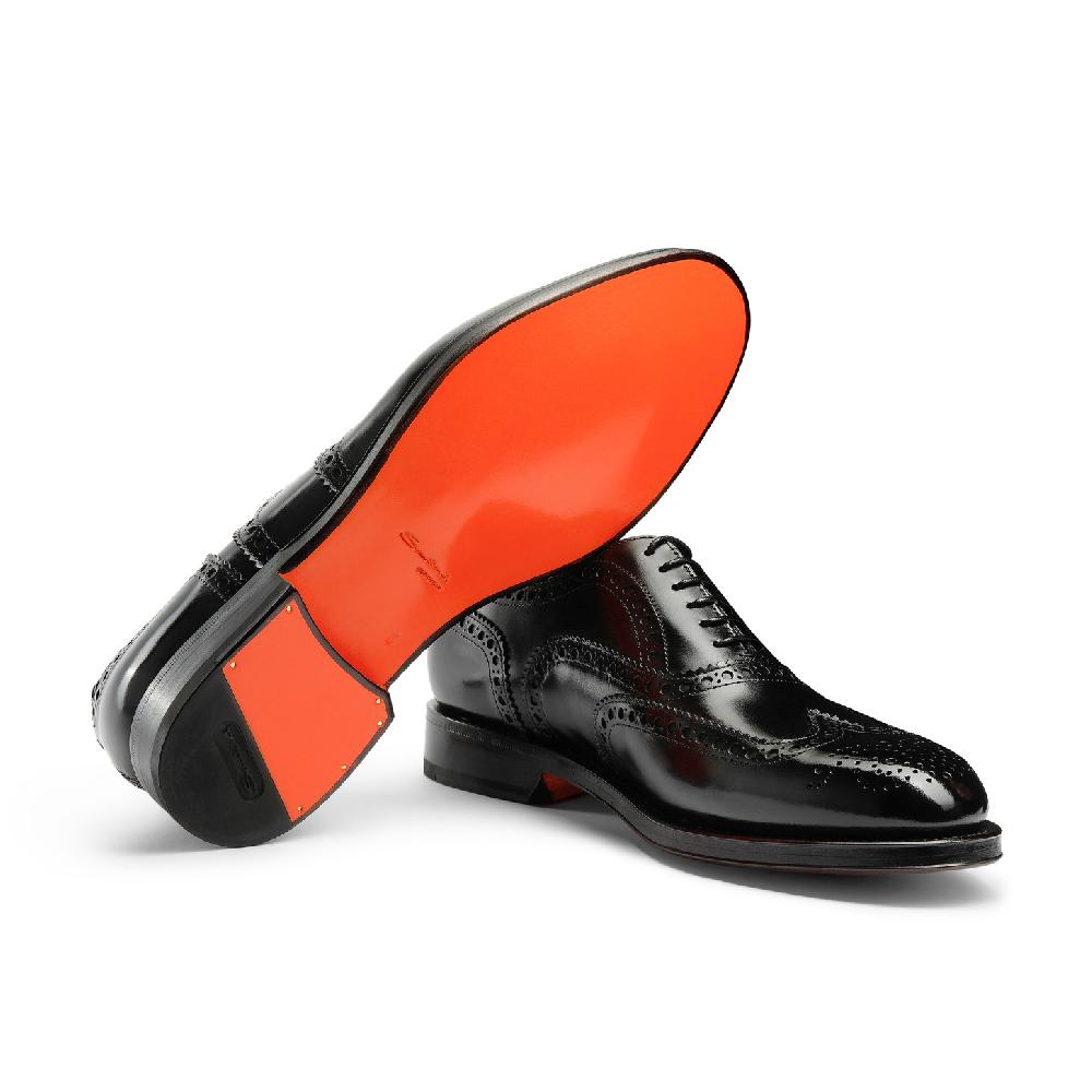 Santoni Stringata oxford brogue da uomo in pelle anticata nera Nuovo