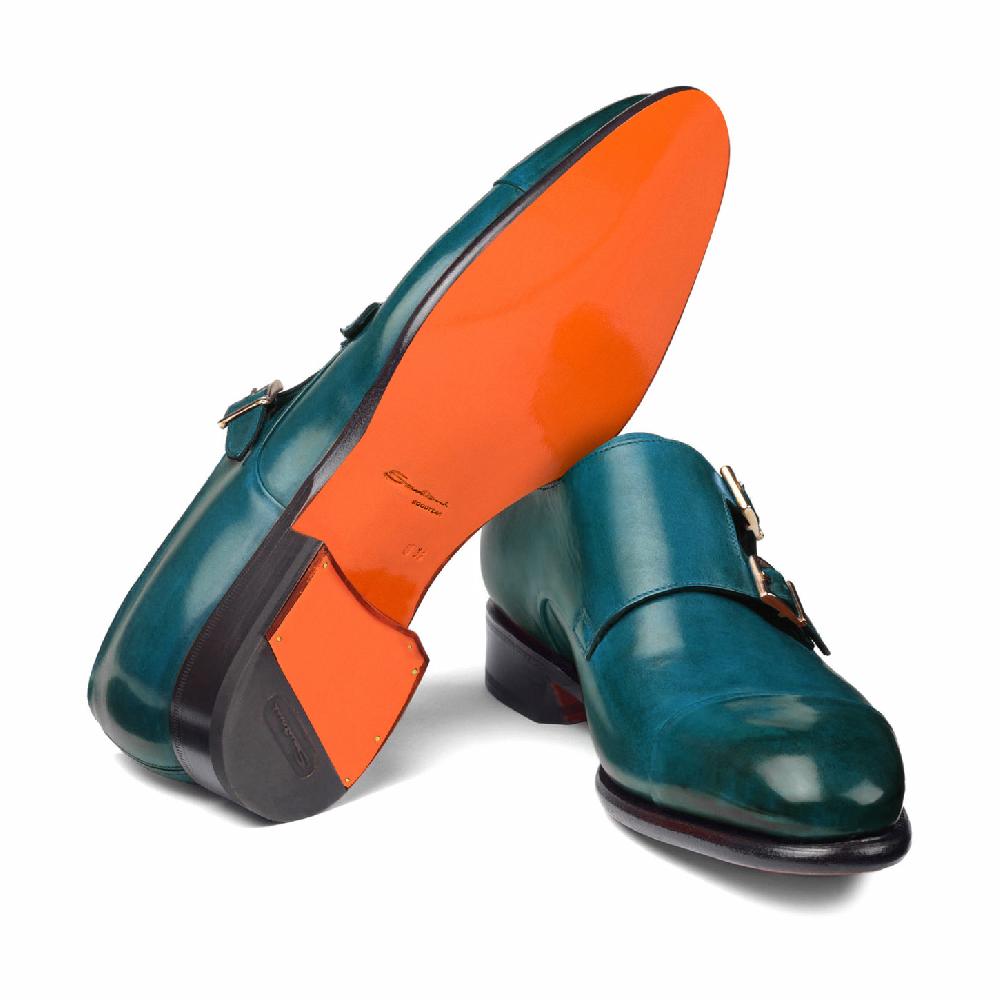 Santoni Doppia fibbia da uomo in pelle turchese Vendita