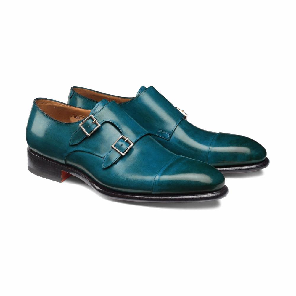 Santoni Doppia fibbia da uomo in pelle turchese Vendita