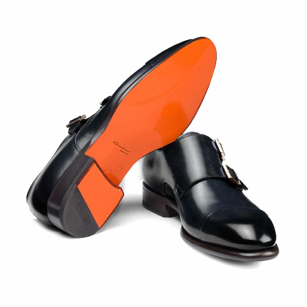 Santoni Doppia fibbia da uomo in pelle blu Promozione
