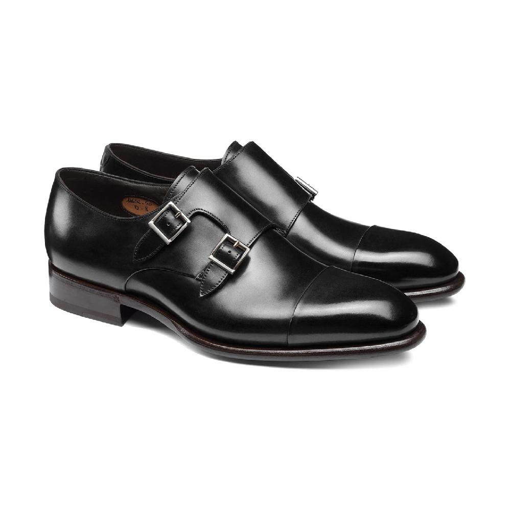 Santoni Doppia fibbia da uomo in pelle nera Spedizione Gratuita
