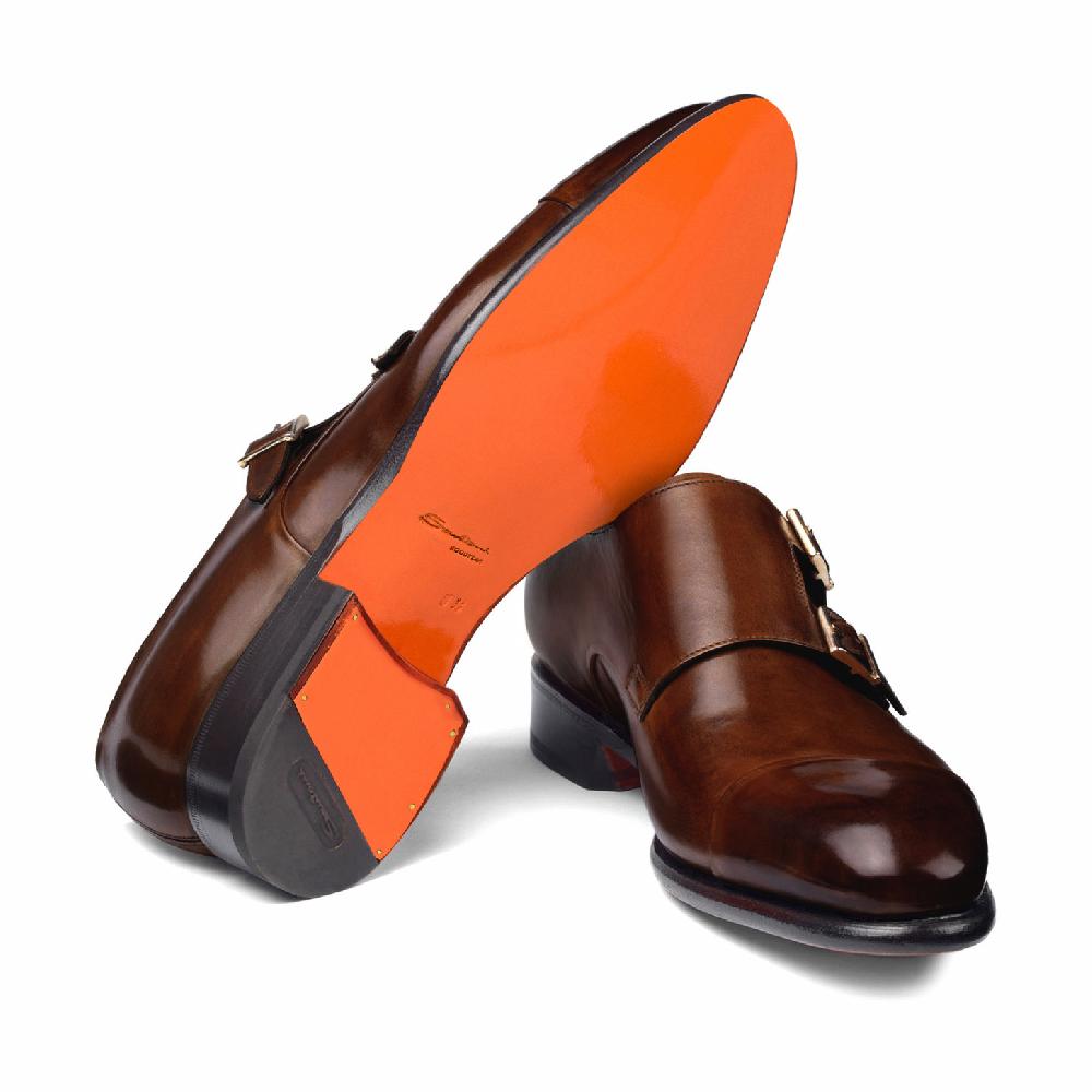 Santoni Doppia fibbia da uomo in pelle marrone medio Soddisfazione Garantita
