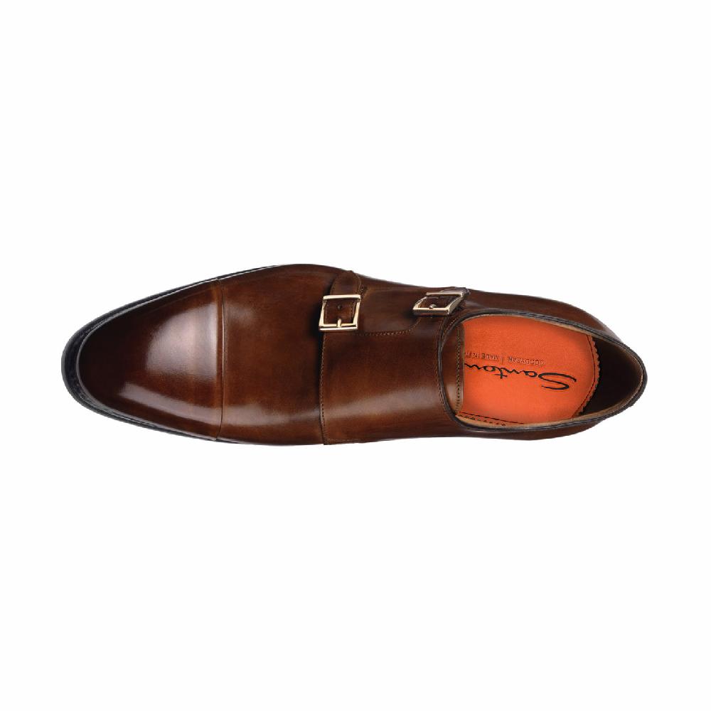 Santoni Doppia fibbia da uomo in pelle marrone medio Soddisfazione Garantita