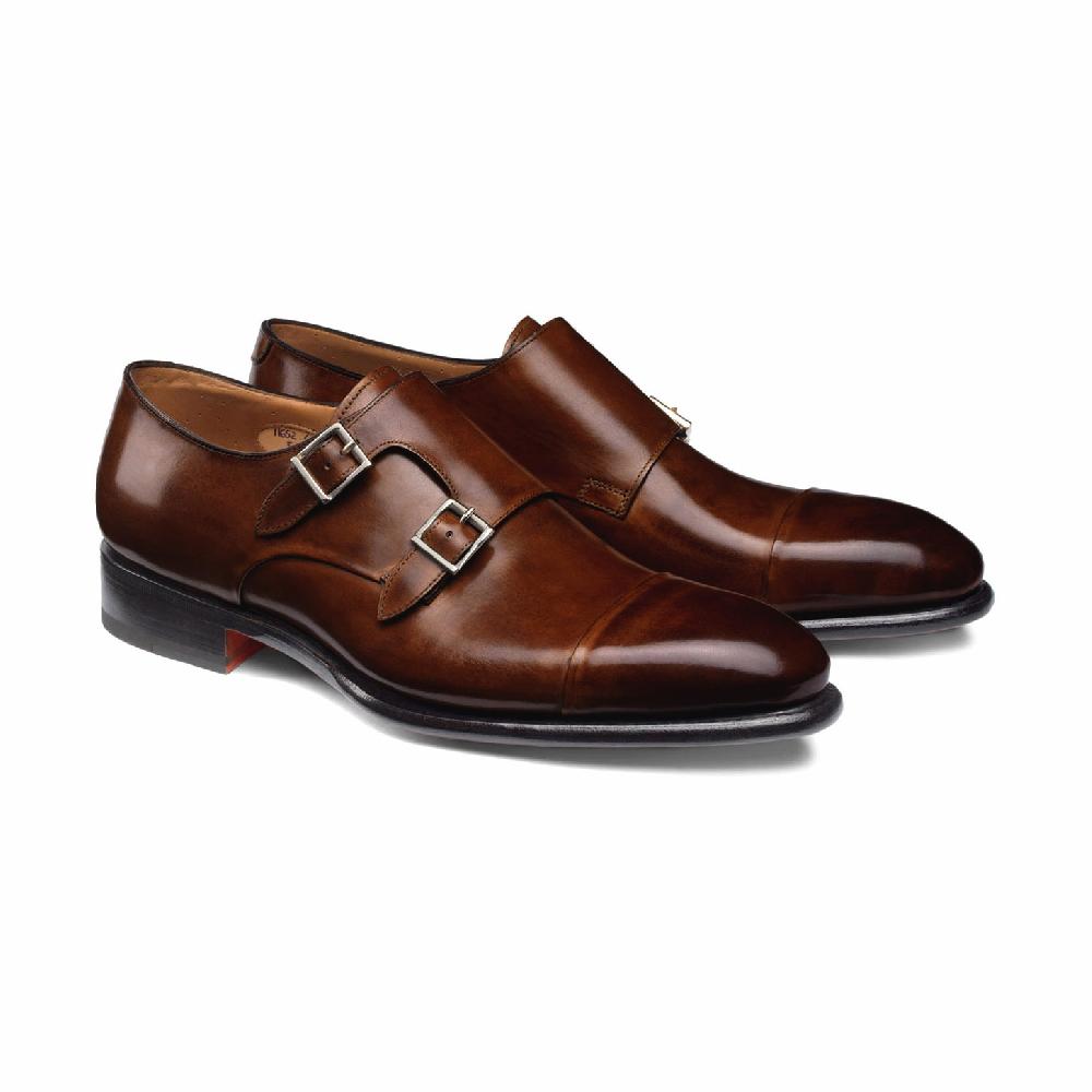 Santoni Doppia fibbia da uomo in pelle marrone medio Soddisfazione Garantita