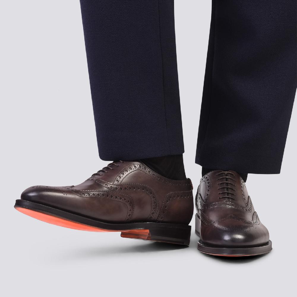 Santoni Stringata oxford brogue da uomo in pelle anticata marrone Negozi Online