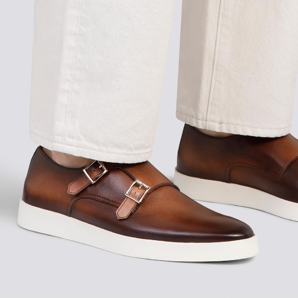 Santoni Doppia fibbia da uomo in pelle bottalata marrone Acquista Ora