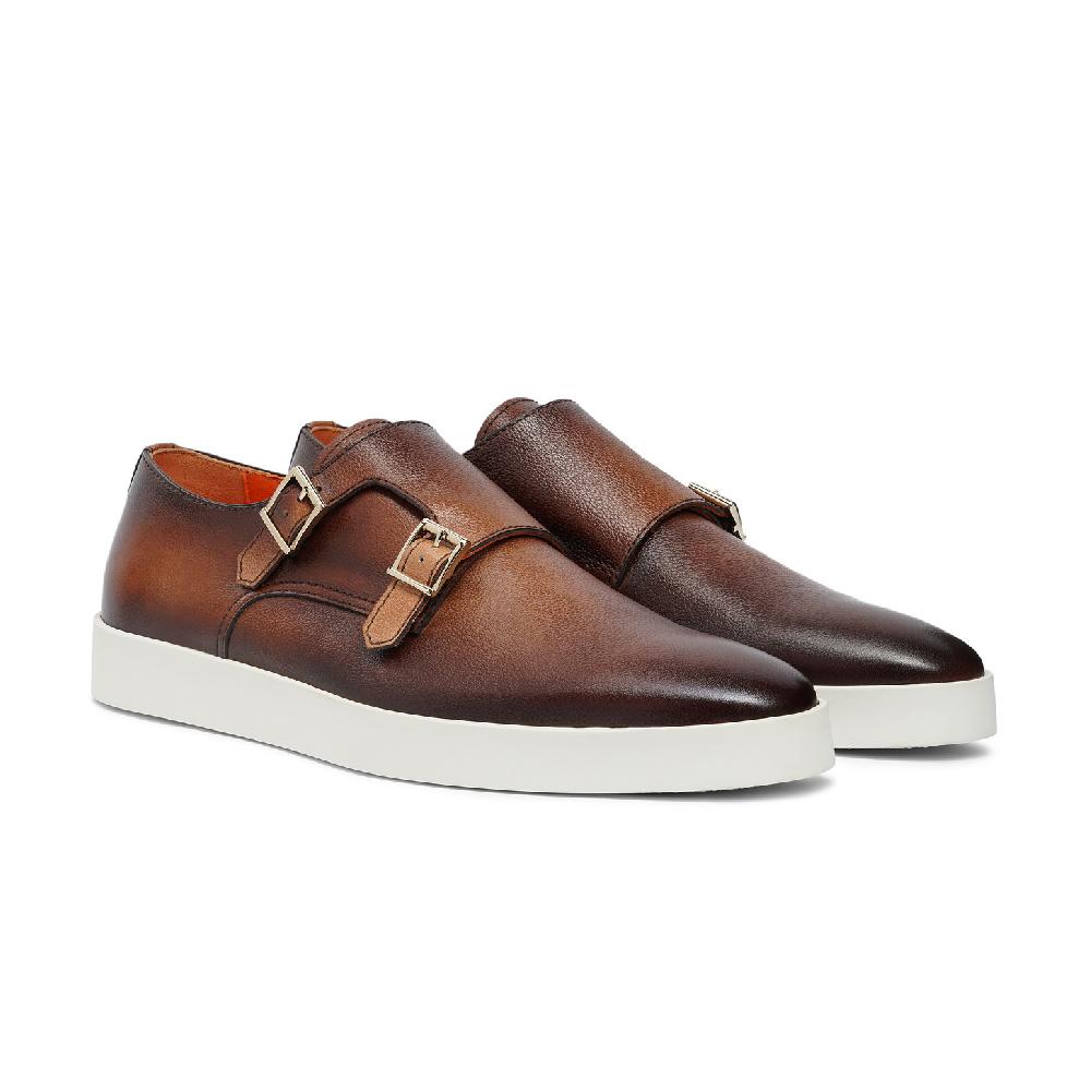 Santoni Doppia fibbia da uomo in pelle bottalata marrone Acquista Ora