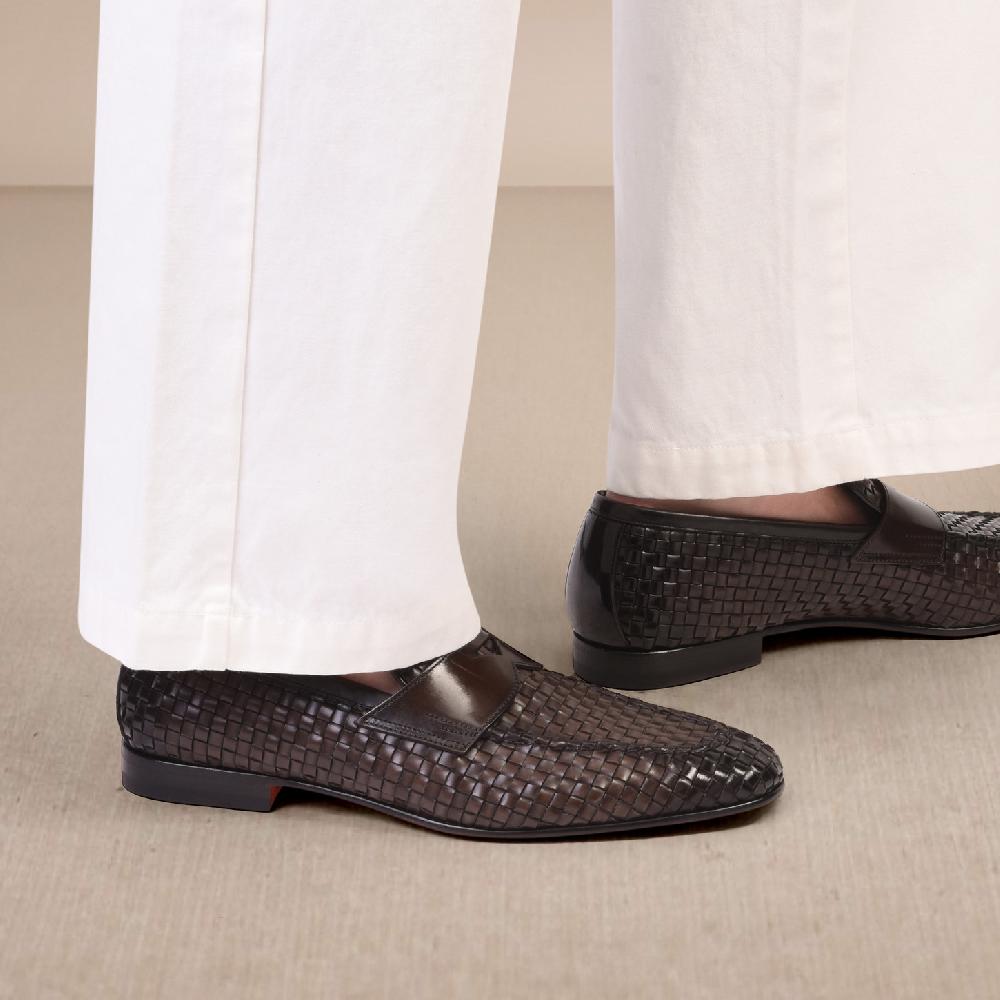 Santoni Mocassino penny con tomaia intrecciata da uomo in pelle marrone Affare Del Giorno
