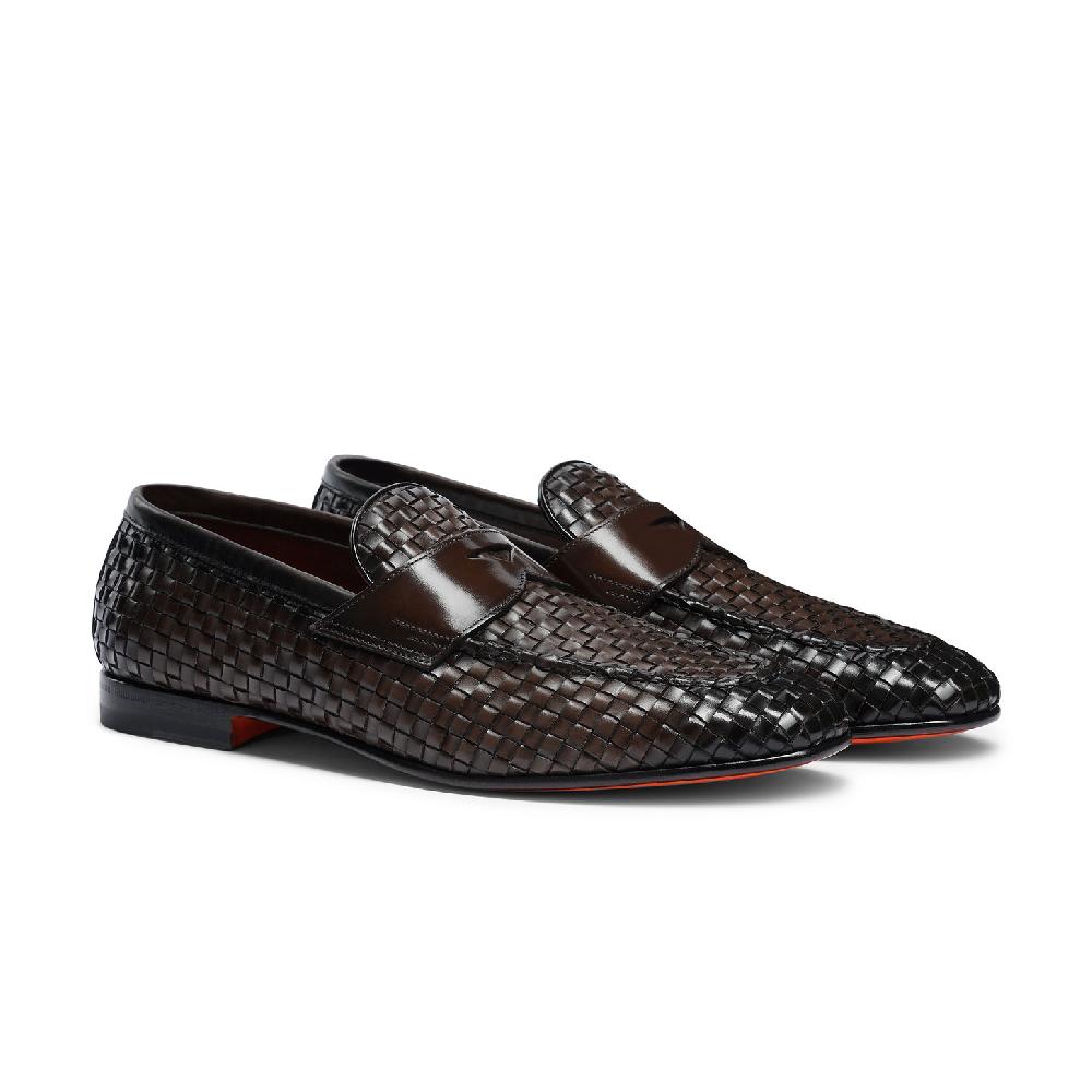Santoni Mocassino penny con tomaia intrecciata da uomo in pelle marrone Affare Del Giorno