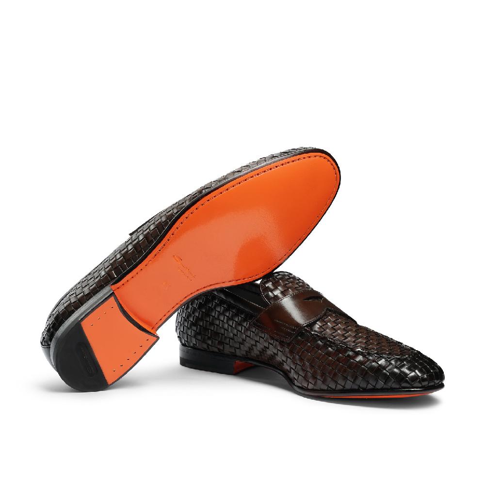 Santoni Mocassino penny con tomaia intrecciata da uomo in pelle marrone Affare Del Giorno