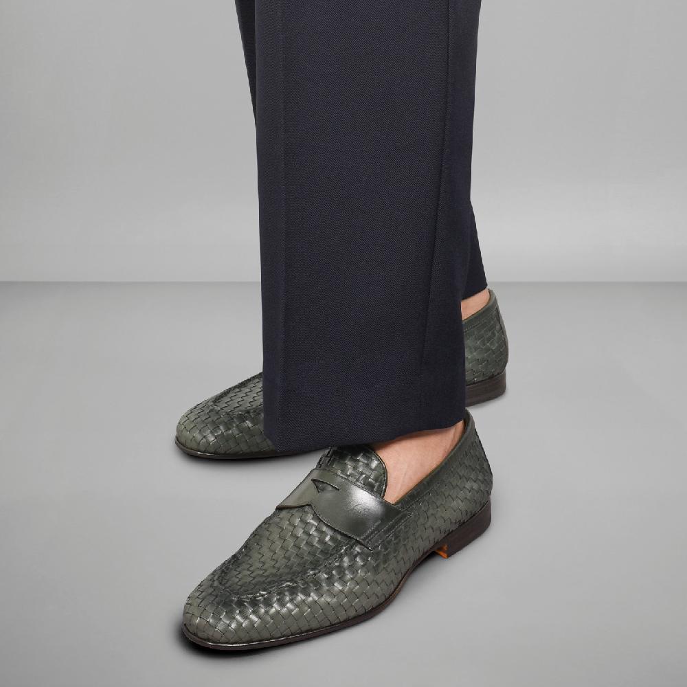 Santoni Mocassino da uomo in pelle intrecciata verde Sconto