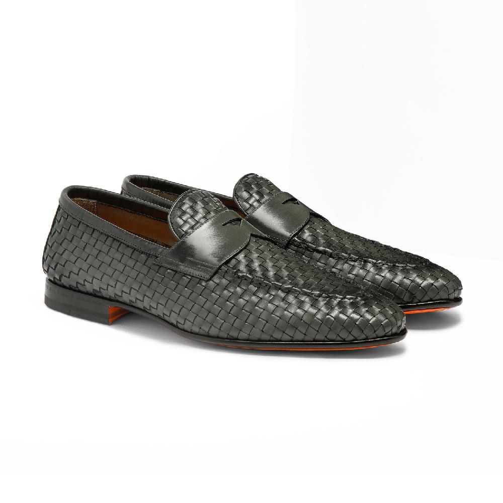 Santoni Mocassino da uomo in pelle intrecciata verde Sconto