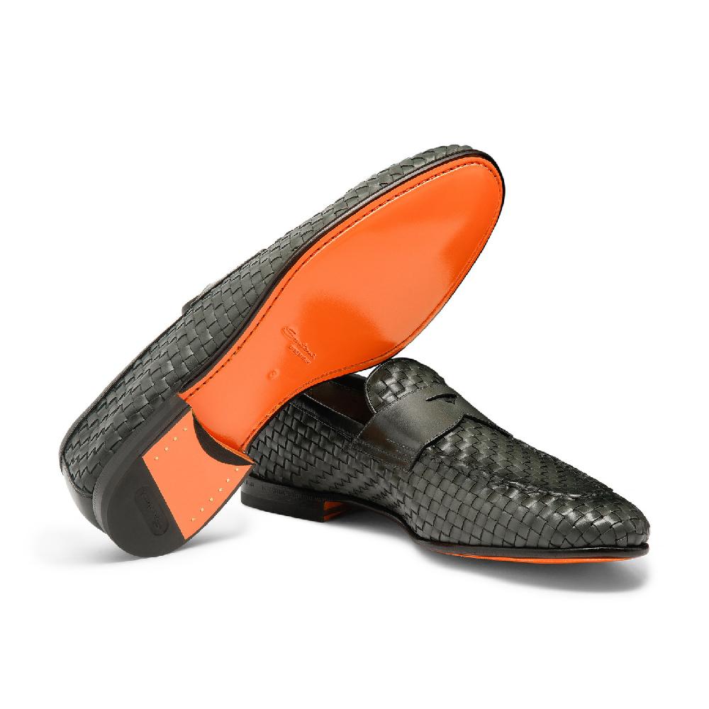 Santoni Mocassino da uomo in pelle intrecciata verde Sconto