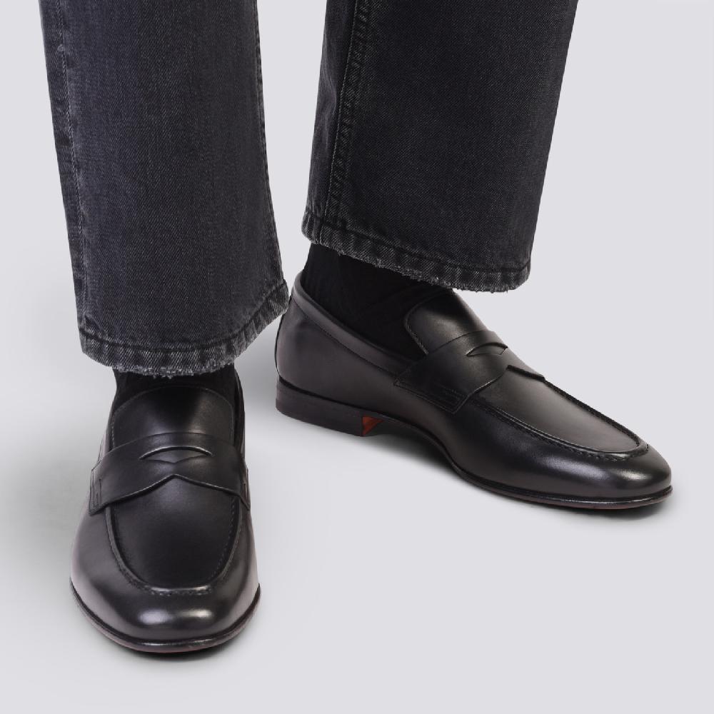 Santoni Mocassino penny da uomo in pelle anticata nera Saldi