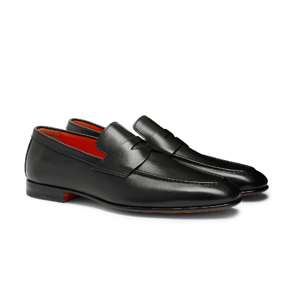 Santoni Mocassino penny da uomo in pelle anticata nera Saldi