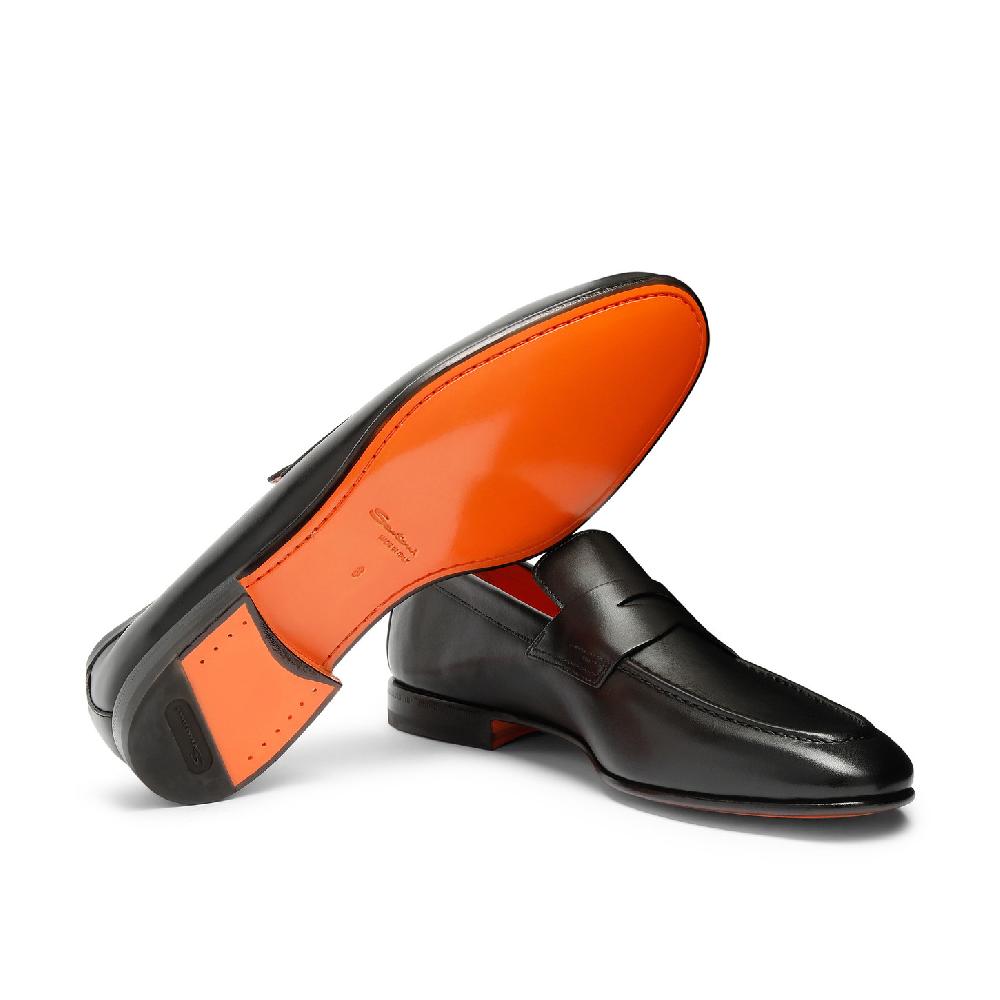 Santoni Mocassino penny da uomo in pelle anticata nera Saldi