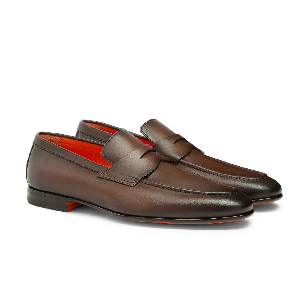 Santoni Mocassino penny da uomo in pelle anticata marrone Vendite Flash