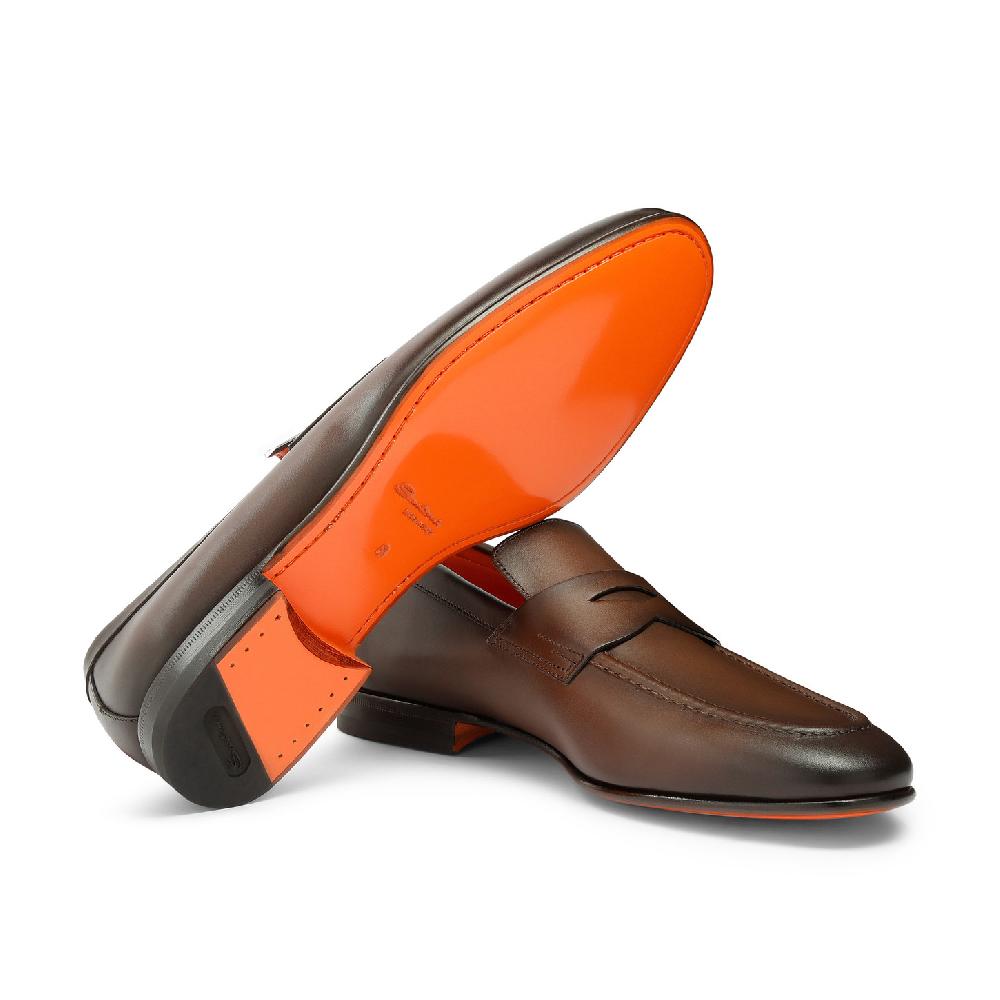 Santoni Mocassino penny da uomo in pelle anticata marrone Vendite Flash
