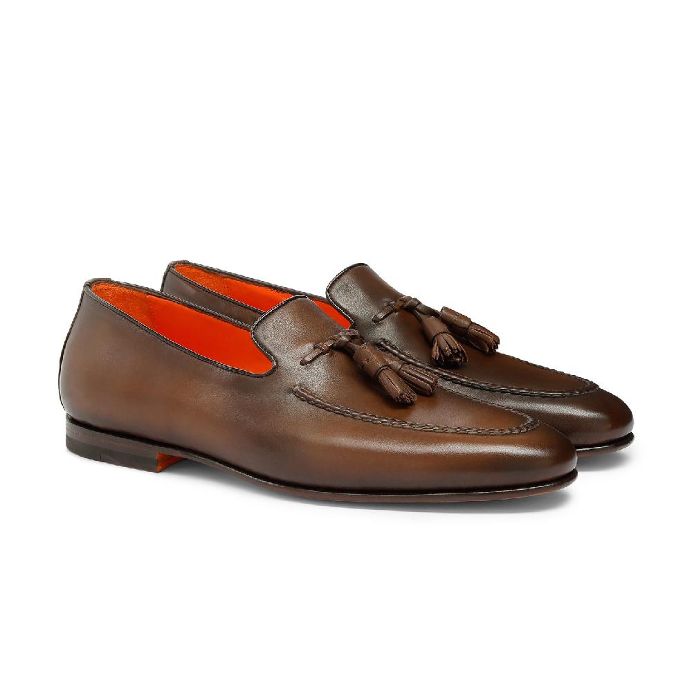 Santoni Mocassino con nappe da uomo in pelle anticata marrone In Saldo