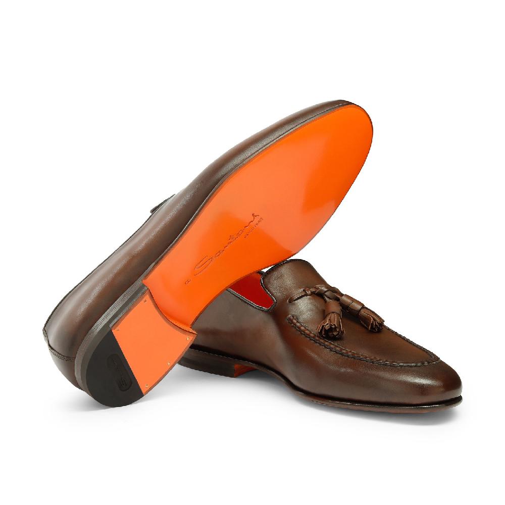 Santoni Mocassino con nappe da uomo in pelle anticata marrone In Saldo