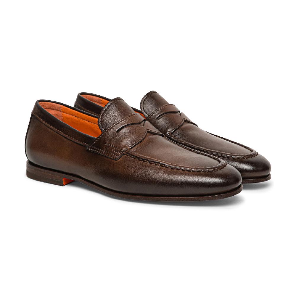 Santoni Mocassino penny da uomo in pelle anticata marrone Nuova