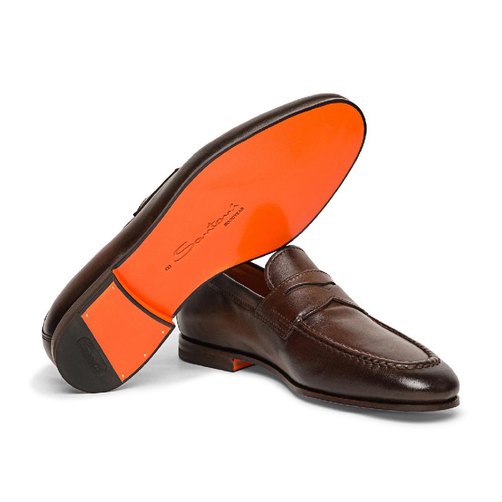 Santoni Mocassino penny da uomo in pelle anticata marrone Nuova