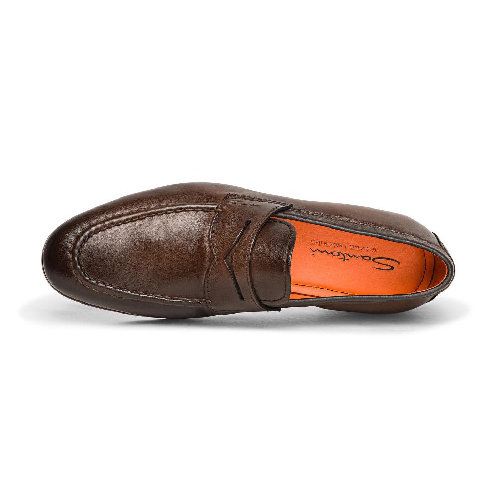 Santoni Mocassino penny da uomo in pelle anticata marrone Nuova
