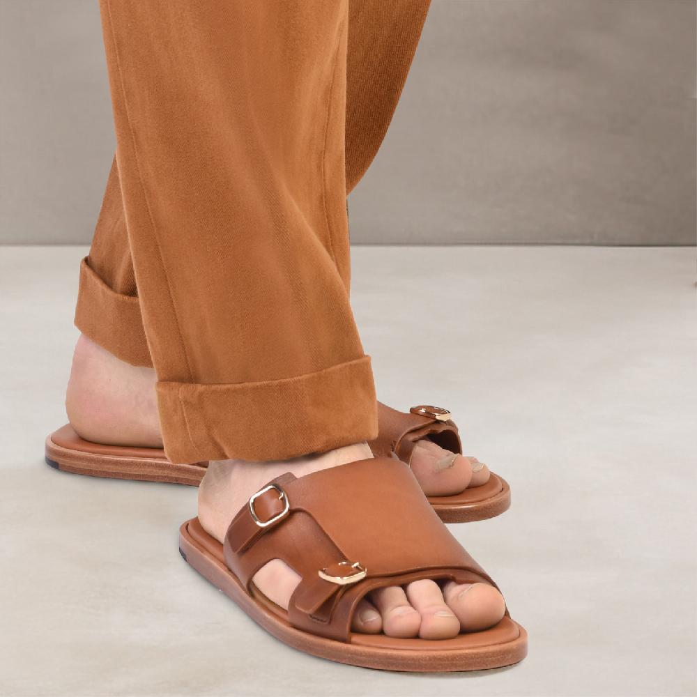 Santoni Sandalo doppia fibbia da uomo in pelle marrone Moda