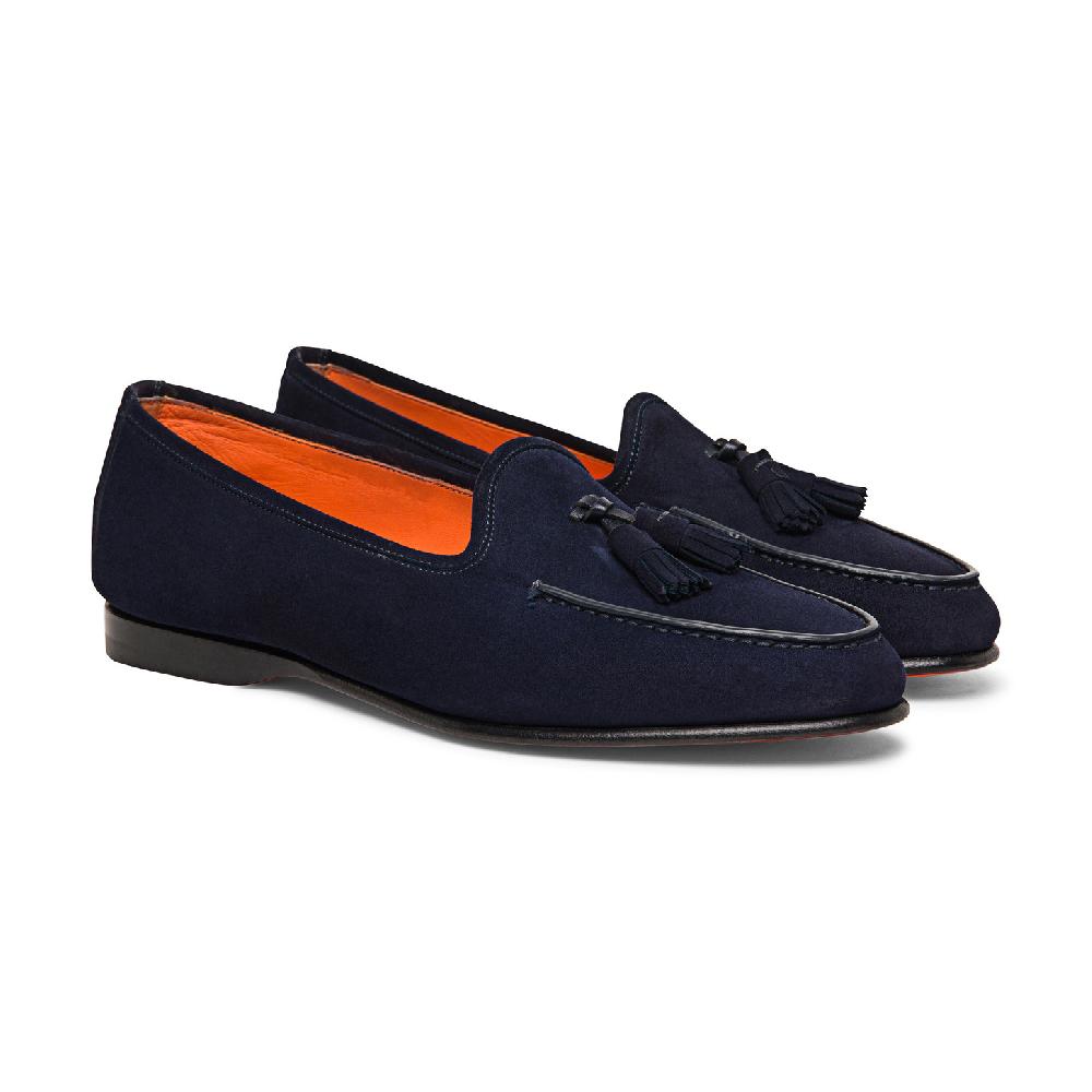 Santoni Mocassino Andrea con nappe da uomo in suede blu Nuovo