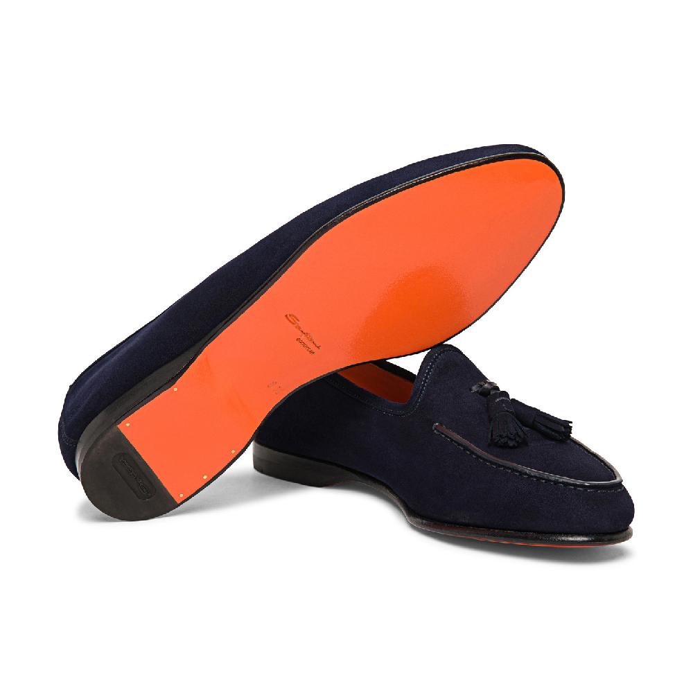 Santoni Mocassino Andrea con nappe da uomo in suede blu Nuovo