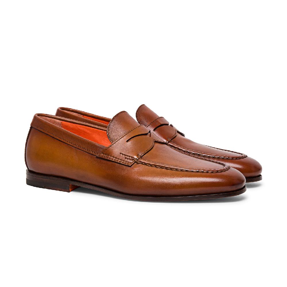 Santoni Mocassino penny da uomo in pelle marrone Spedizione Gratuita