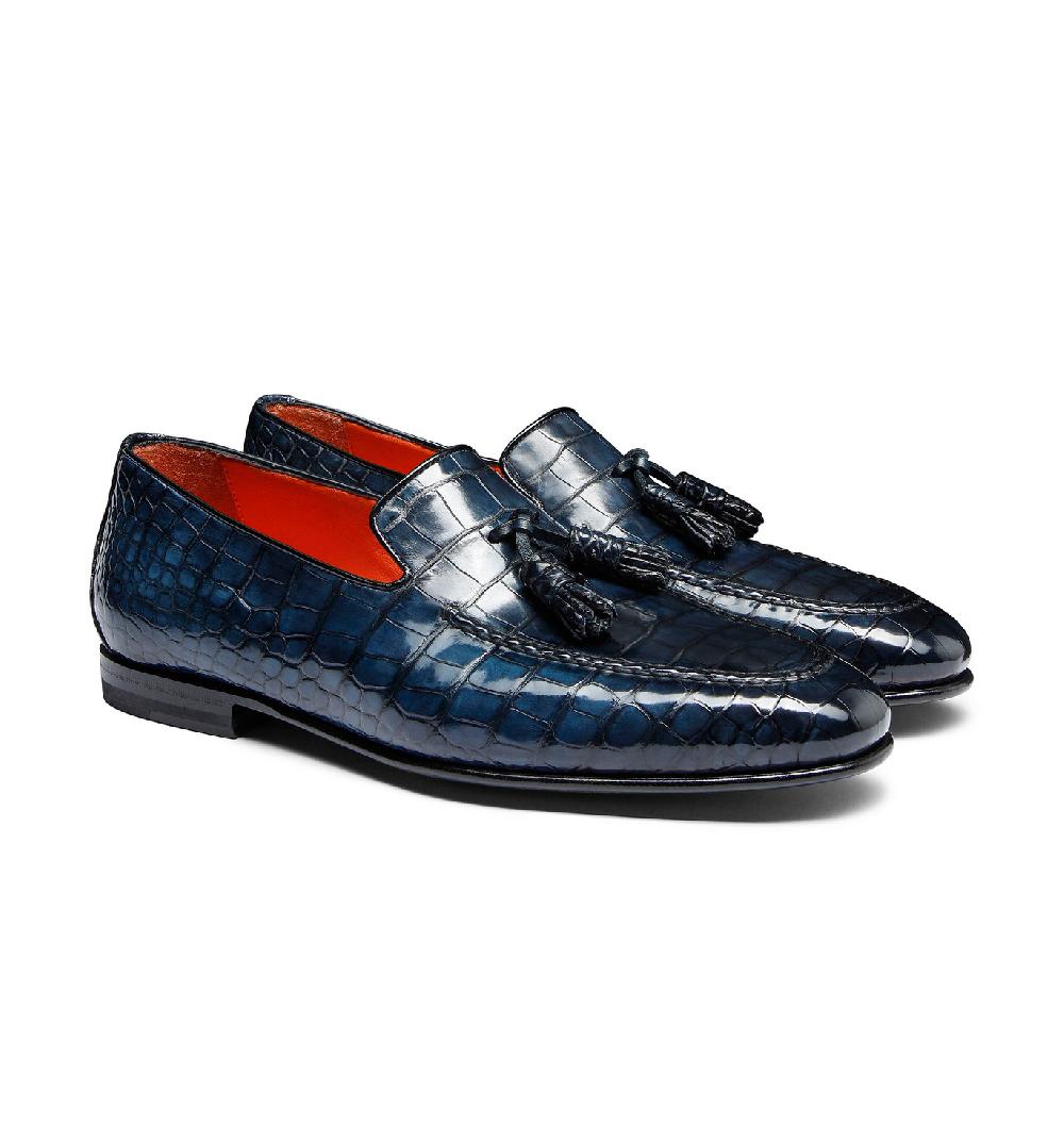 Santoni Mocassino con nappe da uomo in alligatore blu Convenienza
