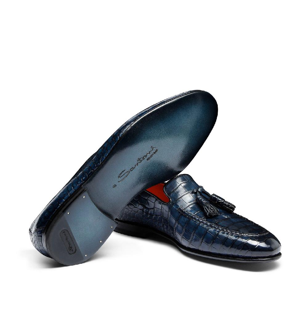 Santoni Mocassino con nappe da uomo in alligatore blu Convenienza